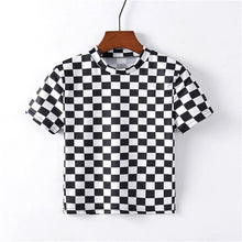 Load image into Gallery viewer, Artguy Black and White Plaid Peplum Stand Collar Top Gingham Pullovers Summer Casual Women Tshirt And Short Sleeve Tops